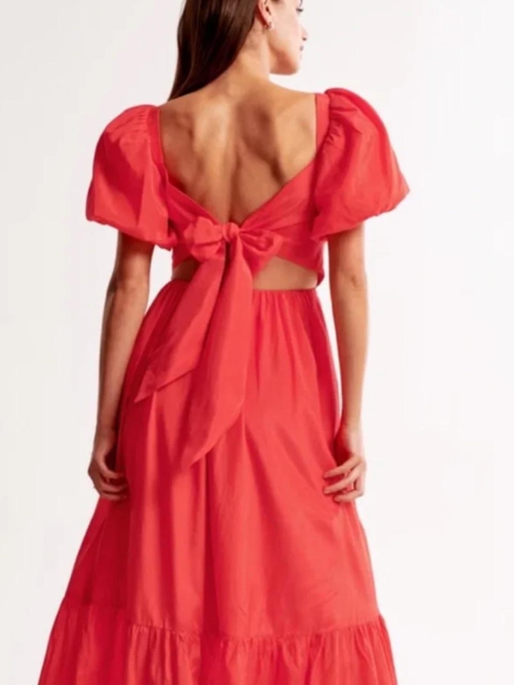 Abercrombie & Fitch Coral Red Puff-Sleeve Back-Tie Maxi Dress